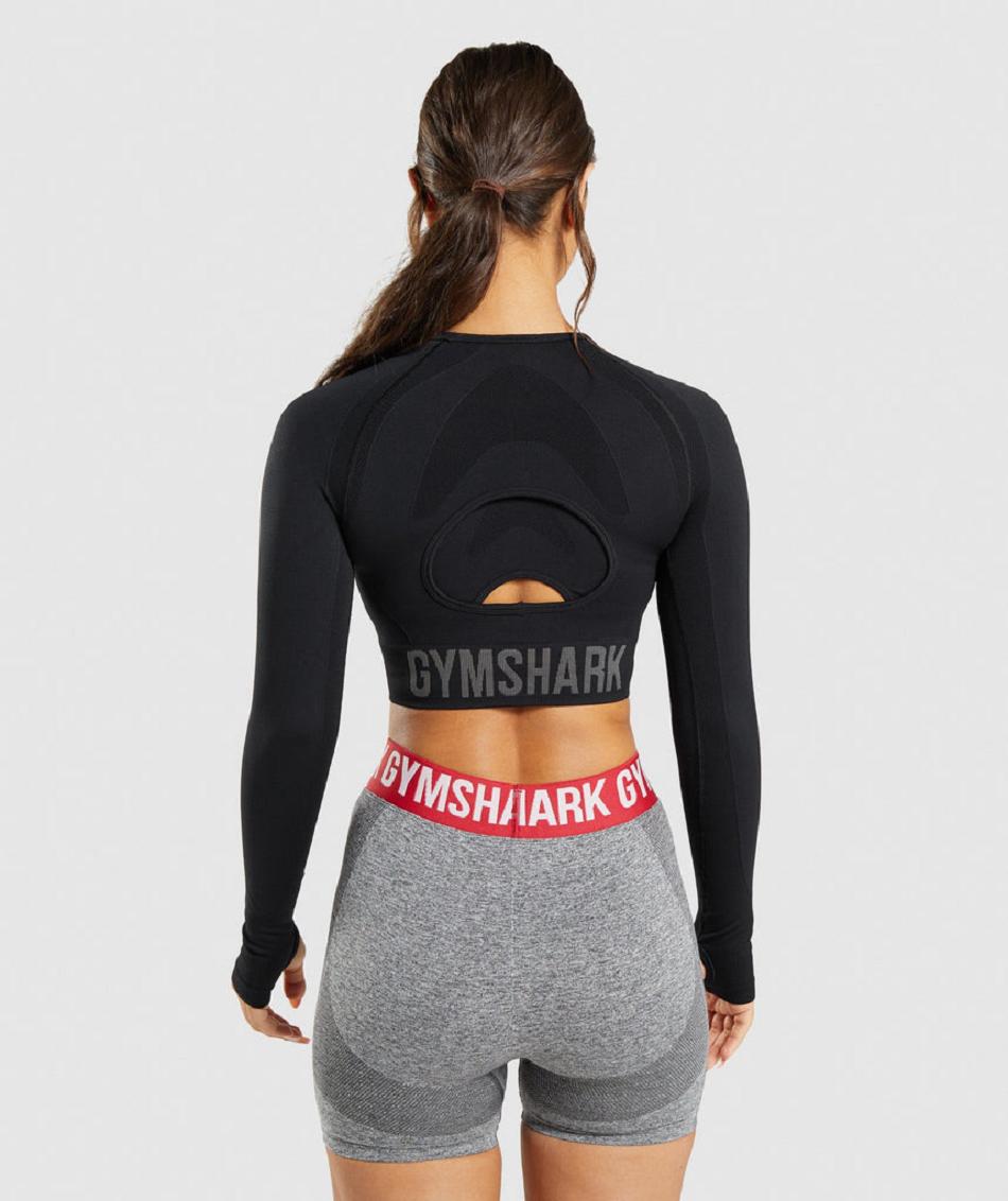 Gymshark Flex Sports Long Sleeve Ženske Ošišane Majice Crne | HR 3652MQZ